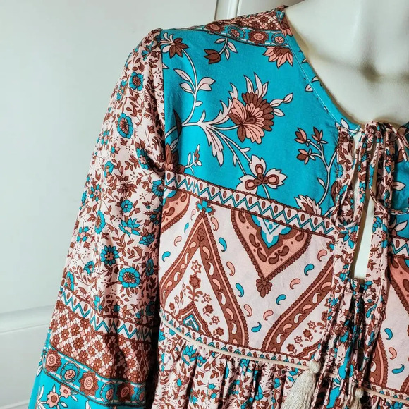 R.Vivimos Floral Print Retro V-Neck Tassel Bohemian Midi Dress Size Medium 8/10 - Picture 1 of 14